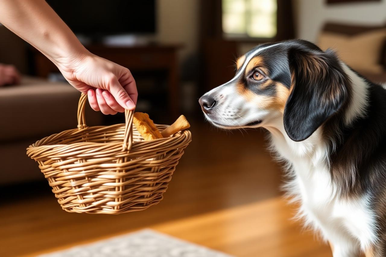 Person holding a basket muzzle low with a treat inside while a dog voluntarily moves its nose toward it