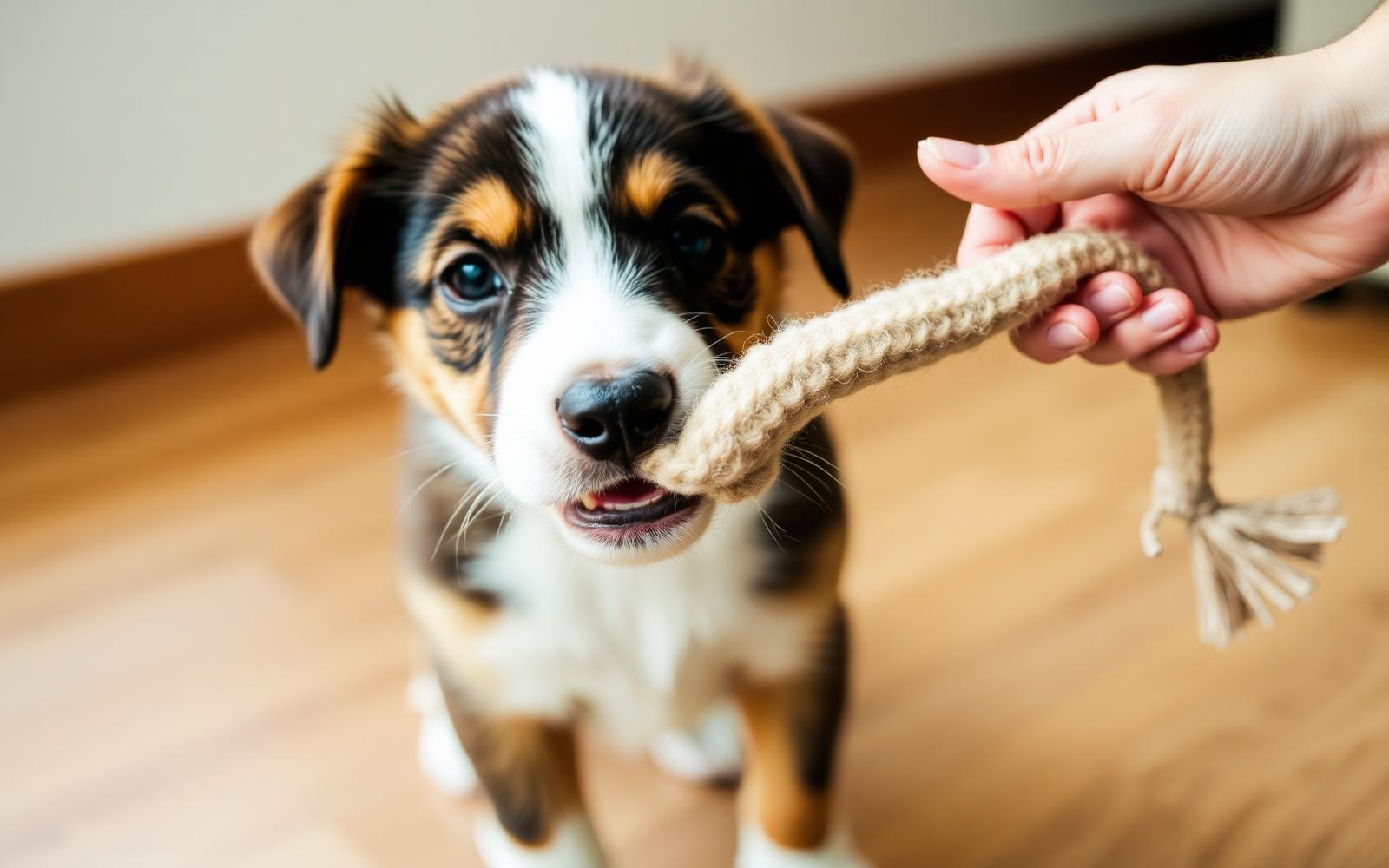 Puppy tugging on a long rope toy held by a hand indoors