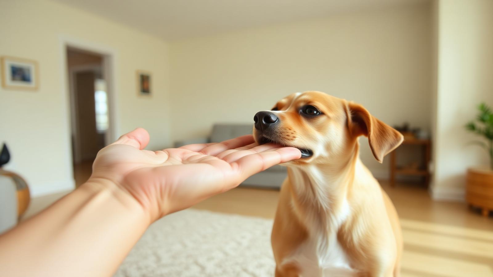 Dog touching its nose to a person's flat open palm