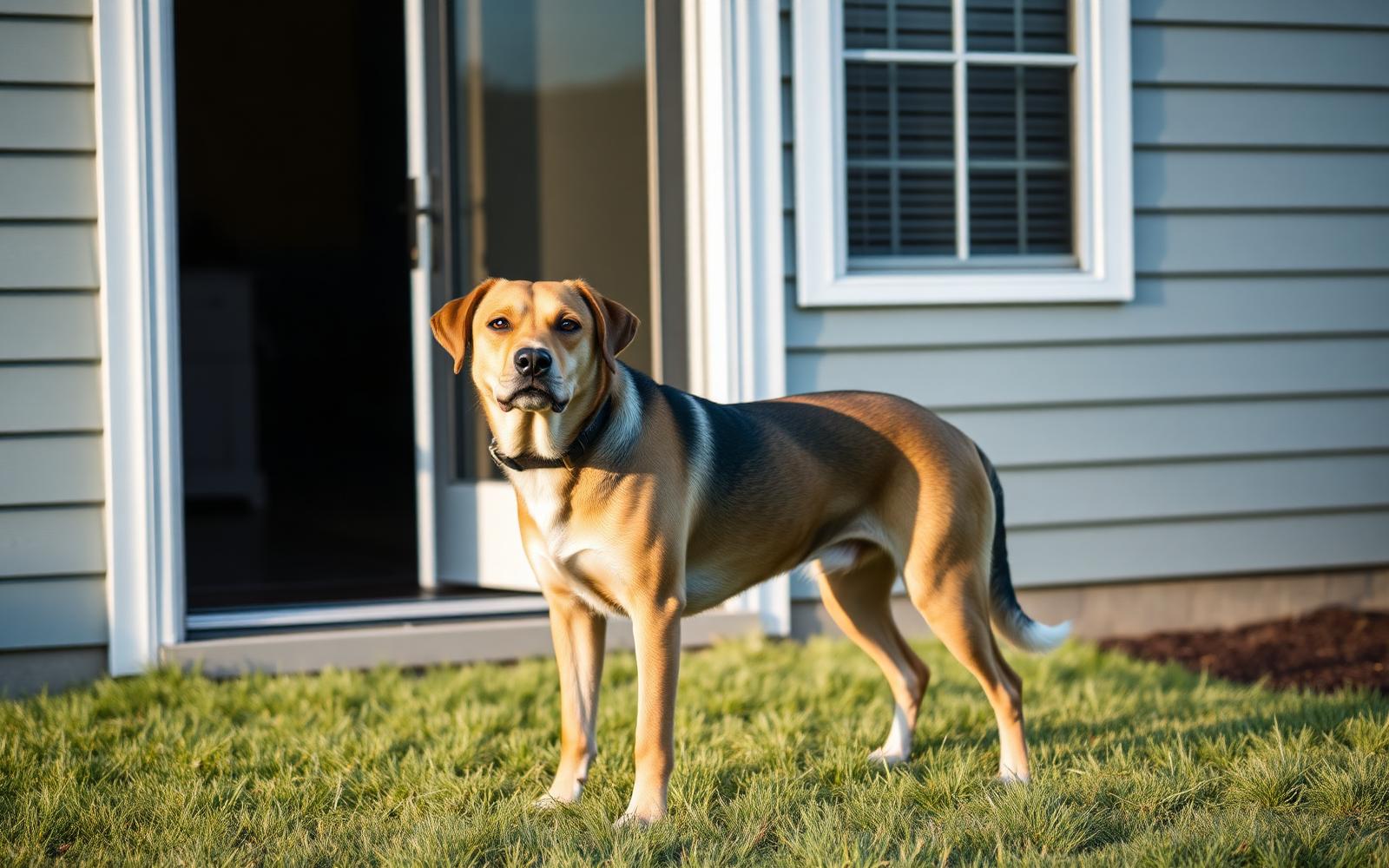 Adult rescue dog standing on grass beside the back door of a home