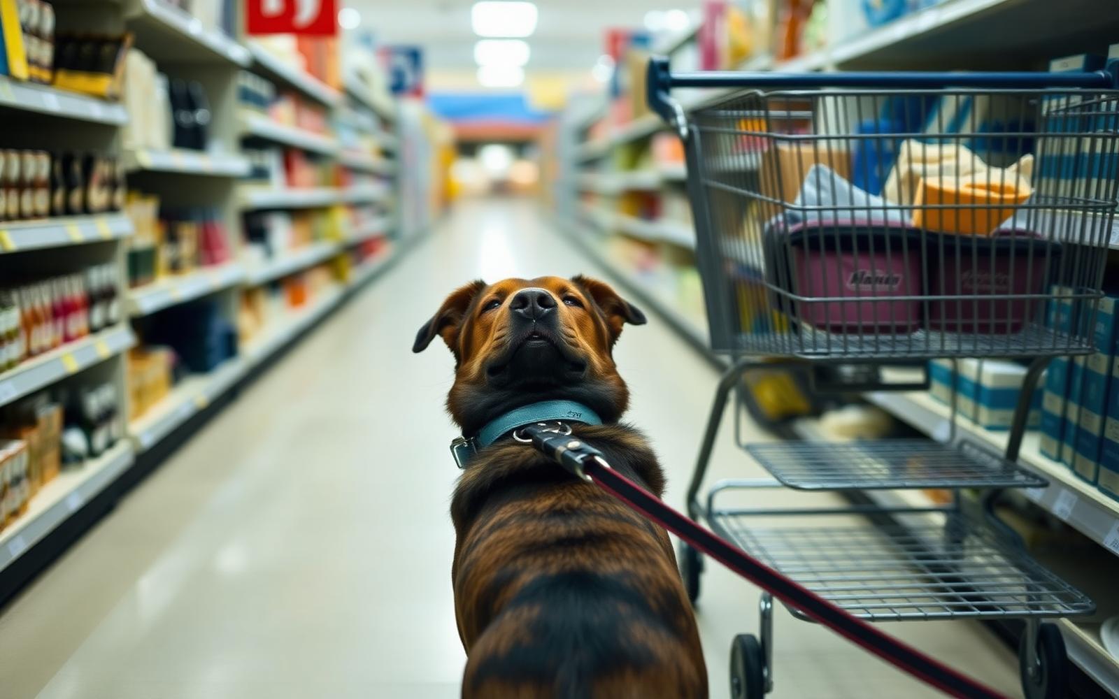Dog walking on a loose leash past a busy storefront without looking at passersby