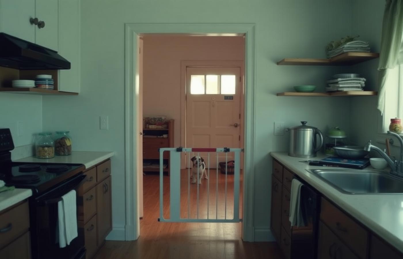 Kitchen doorway with a baby gate and clear, food-free counters