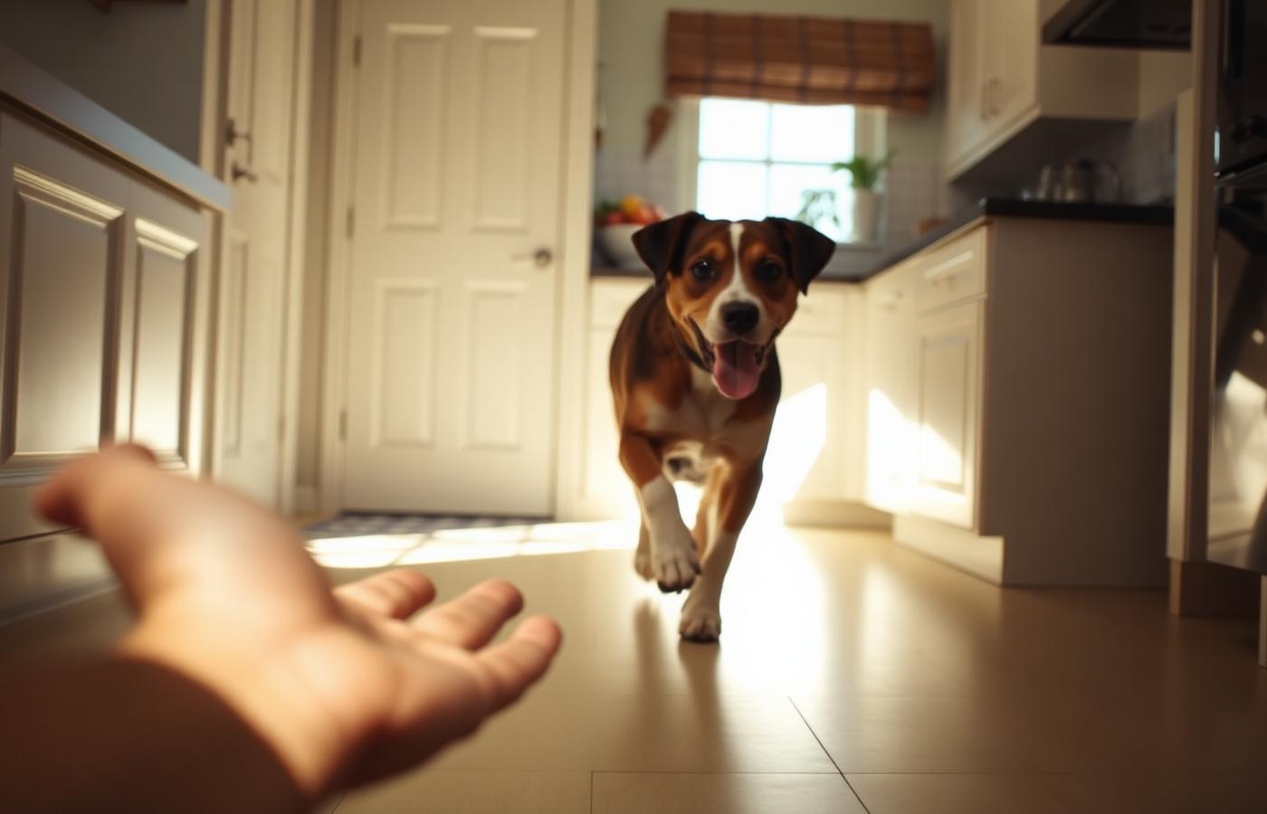 Dog trotting a few steps toward an outstretched flat hand in a sunlit kitchen