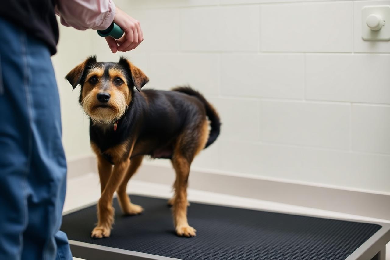 Rescue dog resting its chin in a person's open hand during grooming