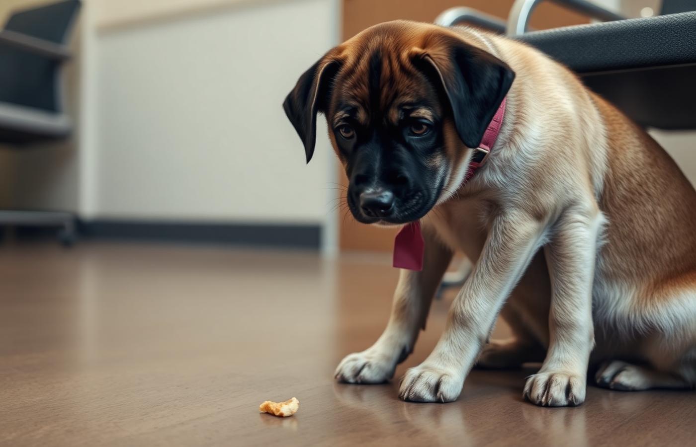 Dog in a tucked down-stay beside a waiting room chair ignoring a crumb on the floor