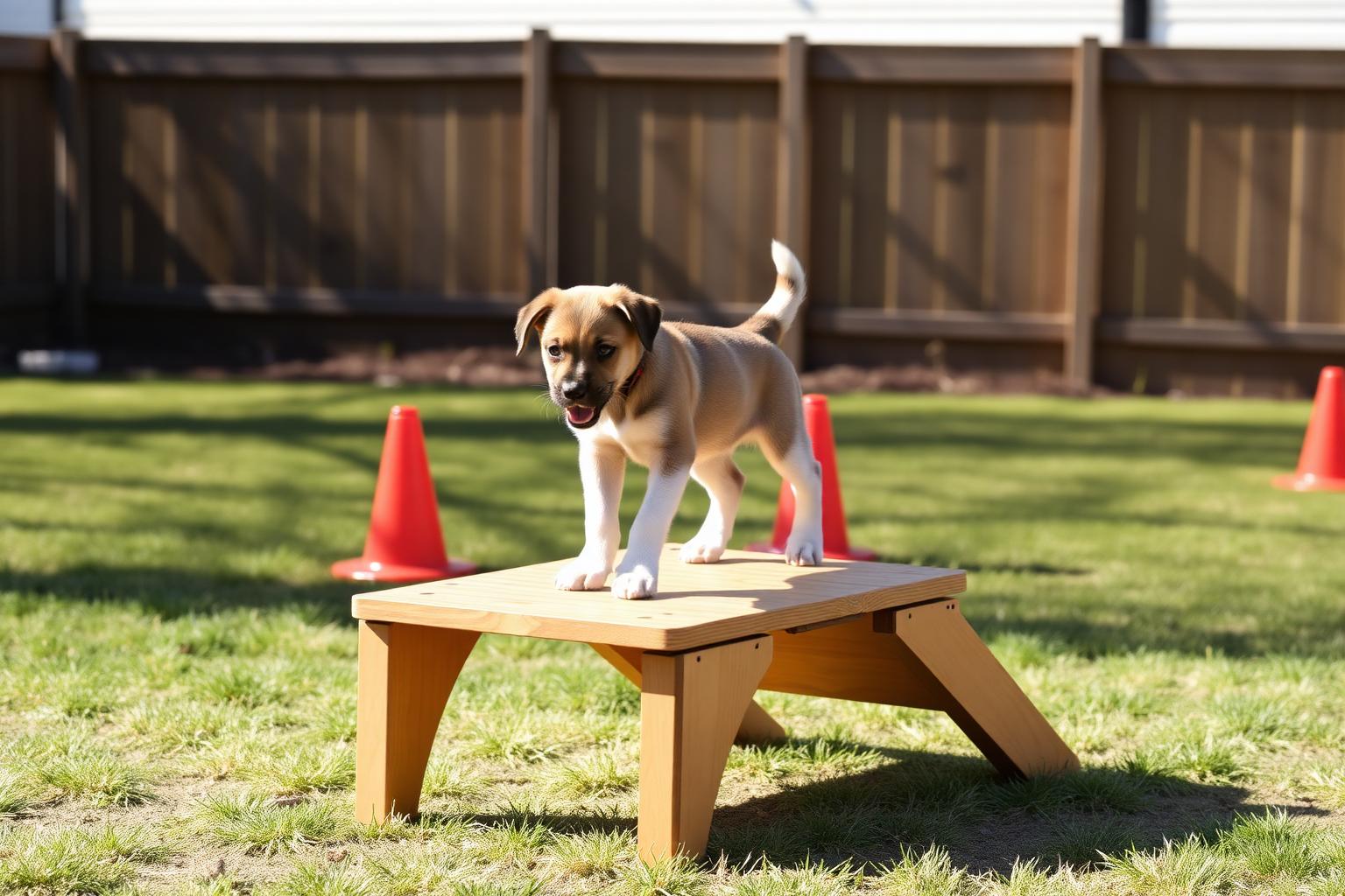Puppy walking confidently over a low wooden platform in a backyard with training cones