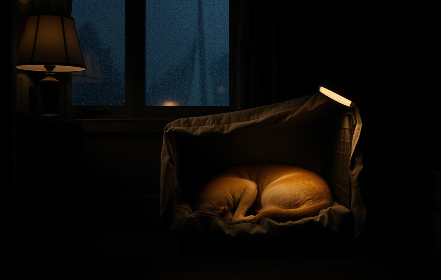 Dog curled in a covered crate during a storm