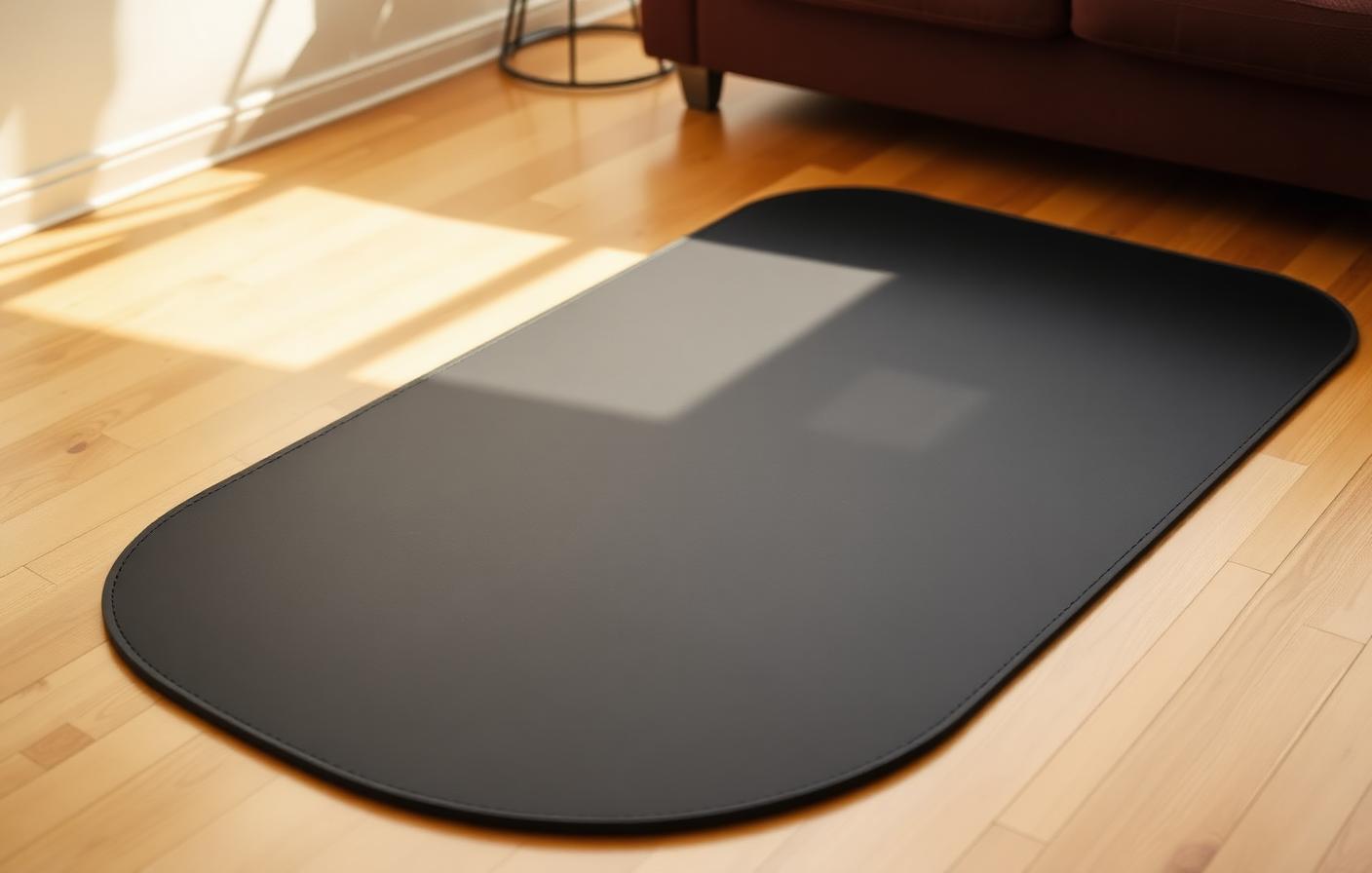 Flat rubber-backed training mat on a wooden floor beside a couch