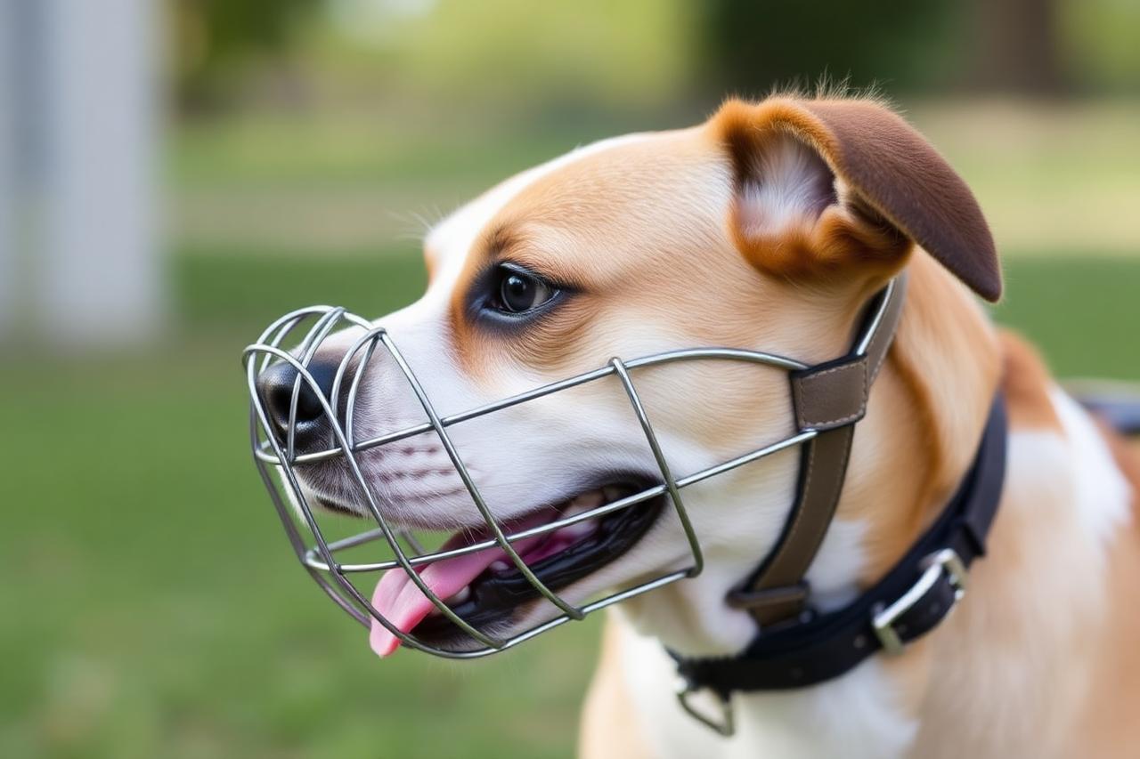 Close-up side profile of a dog wearing a well-fitted basket muzzle with clear space in front of the nose