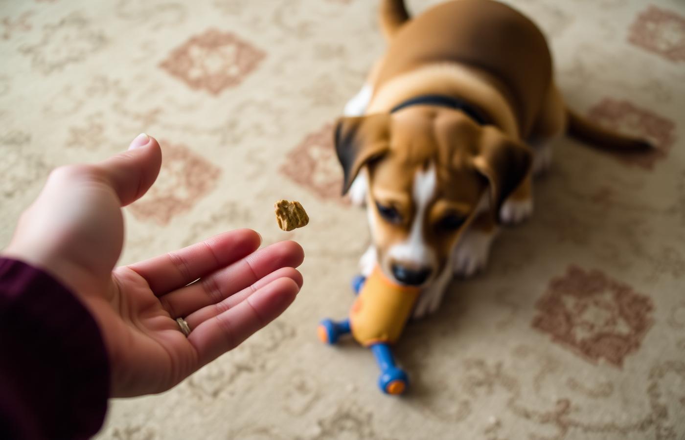 A hand tossing a small treat toward a puppy chewing a toy on a rug from a comfortable distance