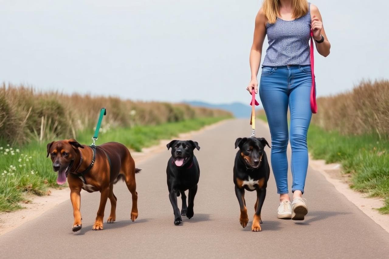 Two dogs walking parallel with handlers on a wide quiet path