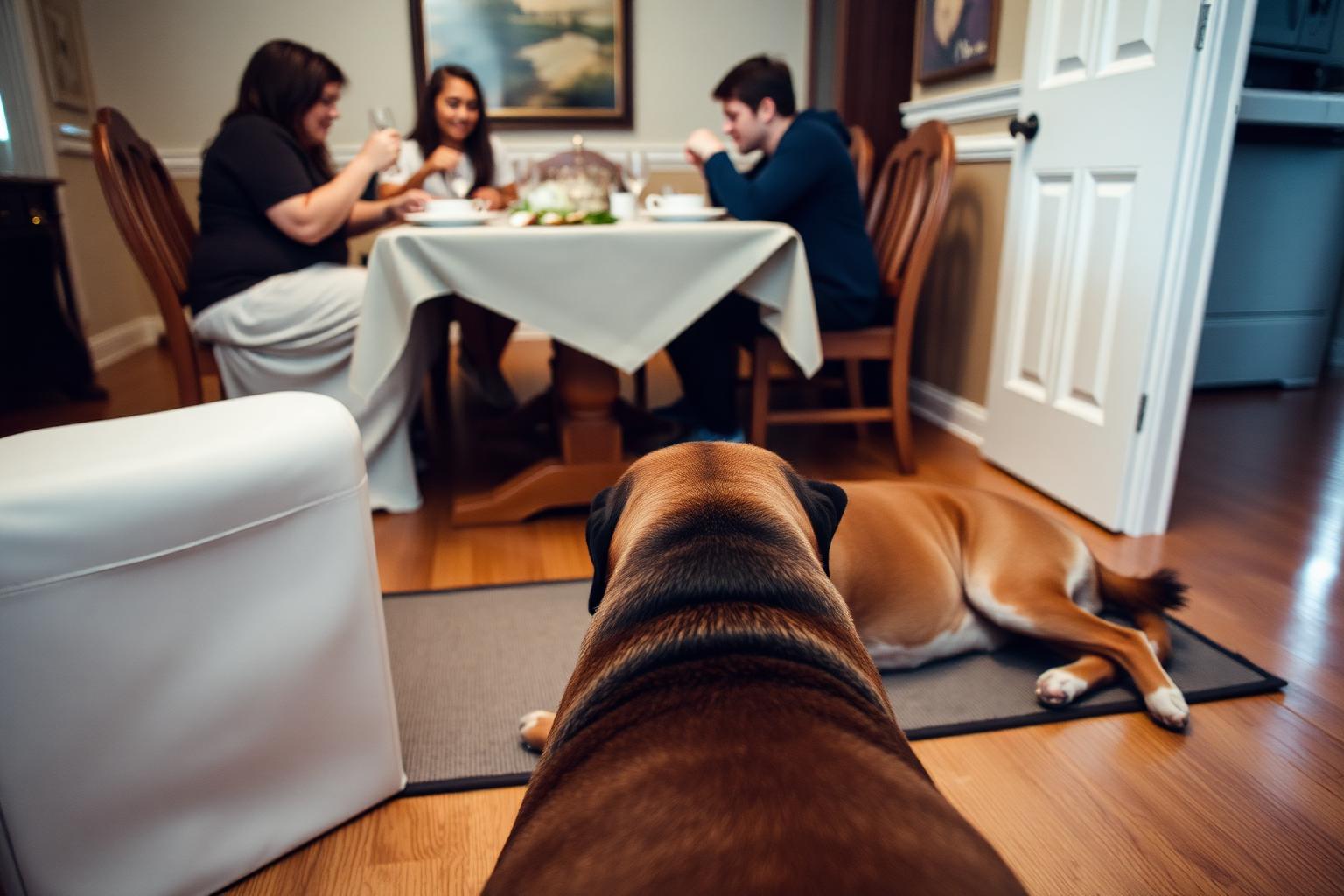 Dog lying on a mat a few feet from a dining table during a meal