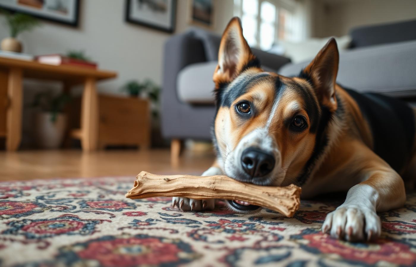 Adult dog chewing a natural chew on a rug in a living room