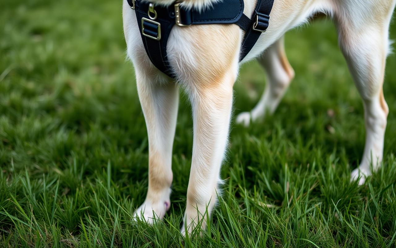 Close-up of a well-fitted Y-front harness on a dog standing on grass