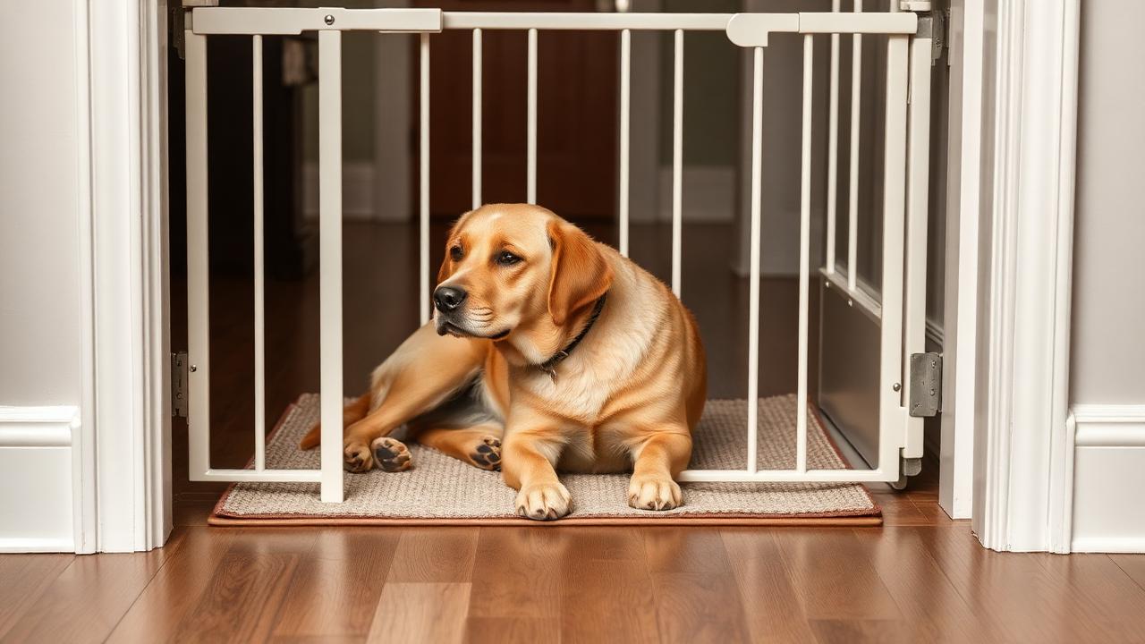 Baby gate in a hallway with a relaxed dog settled on a bed on the far side