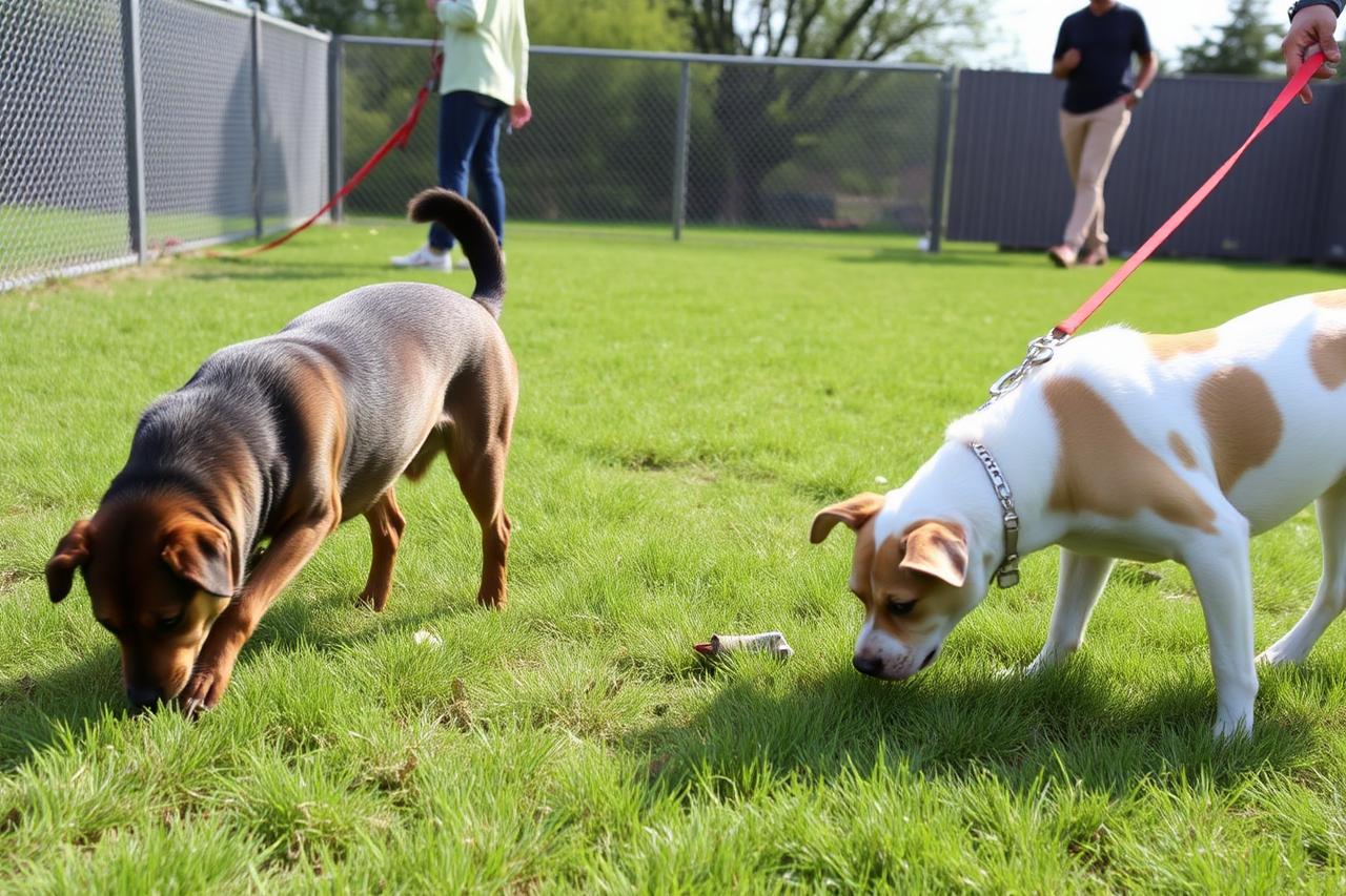 Two dogs sniffing grass a few feet apart in a fenced yard with handlers holding leads