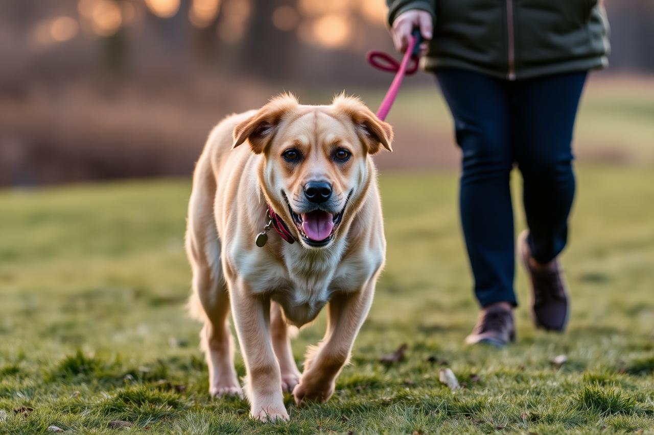 Retired service dog on a relaxed sniffing walk on a grassy trail without a working harness