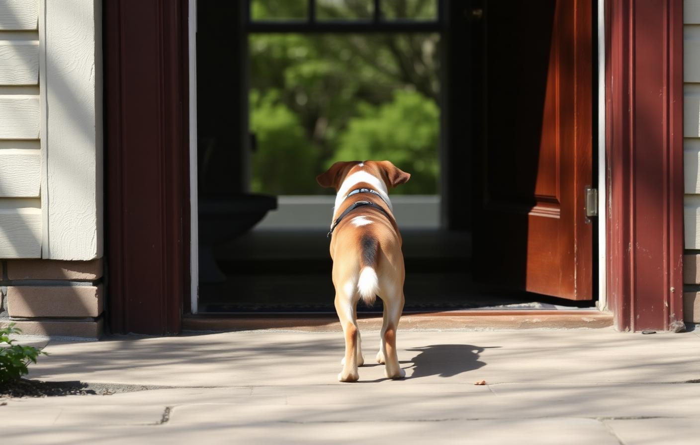 Dog paused at an open doorway without stepping through