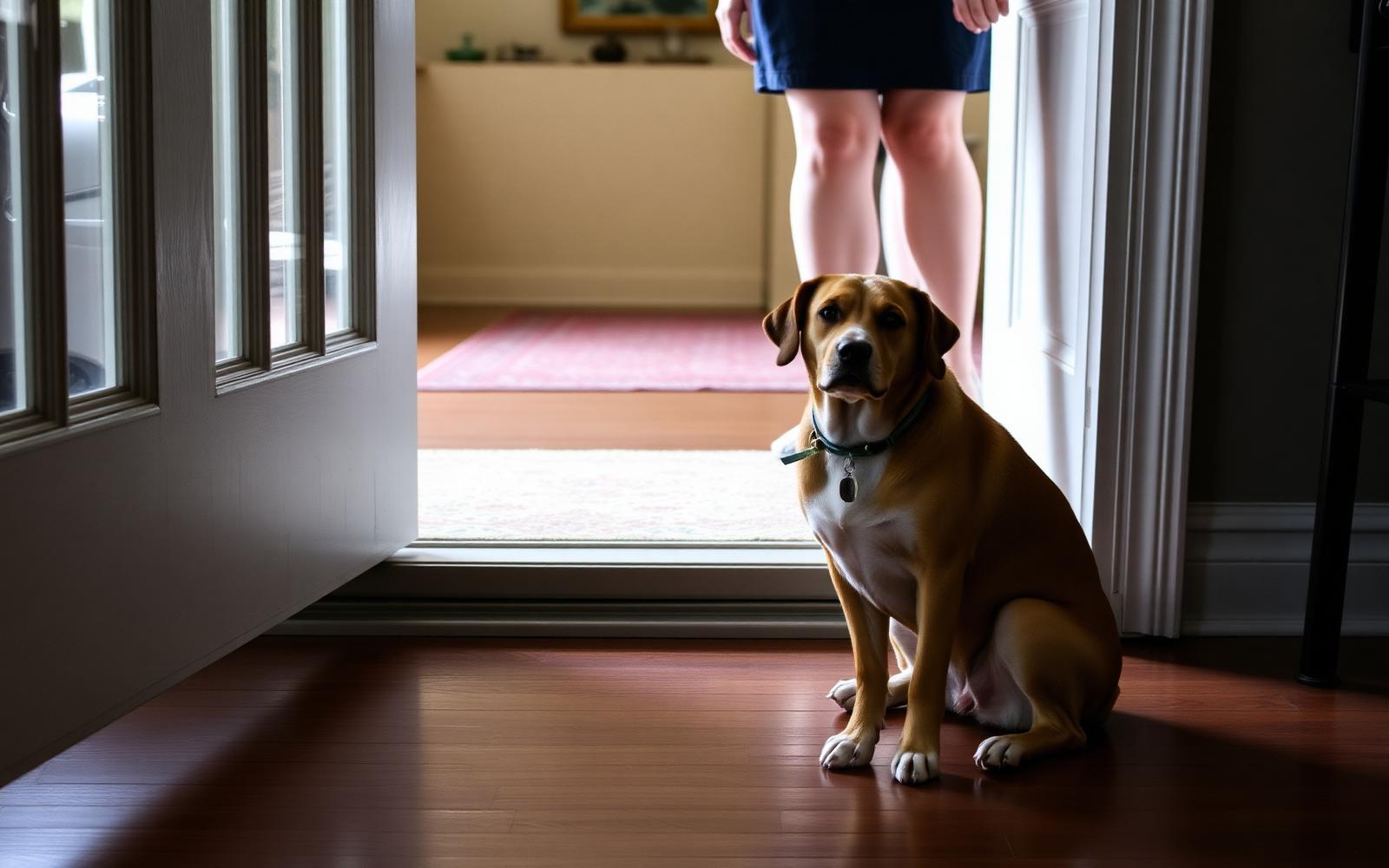 Dog sitting politely at an open front door as a visitor steps inside