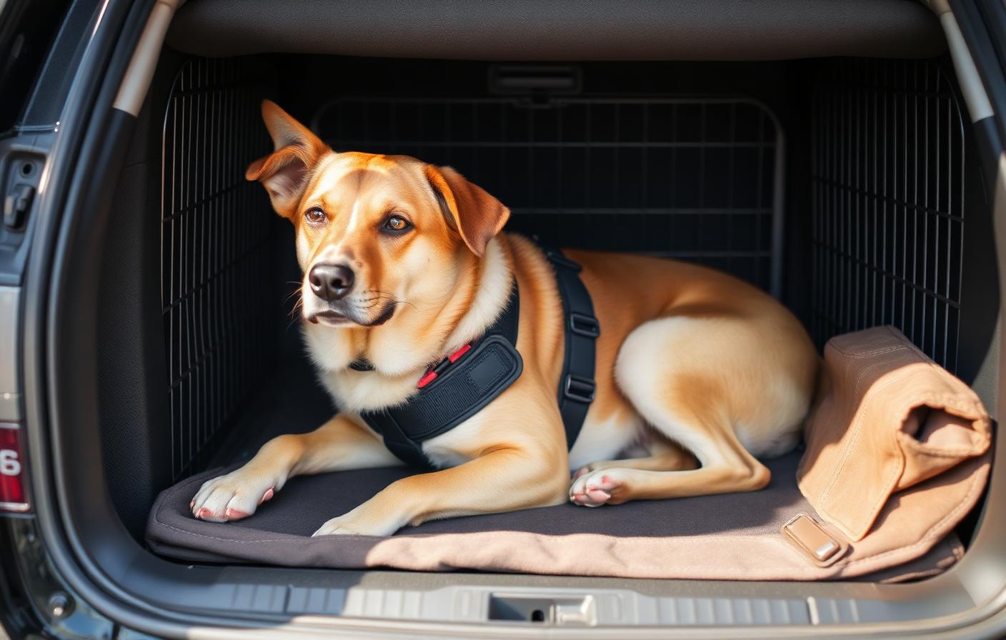 Service dog in harness resting in a travel crate in a vehicle cargo area