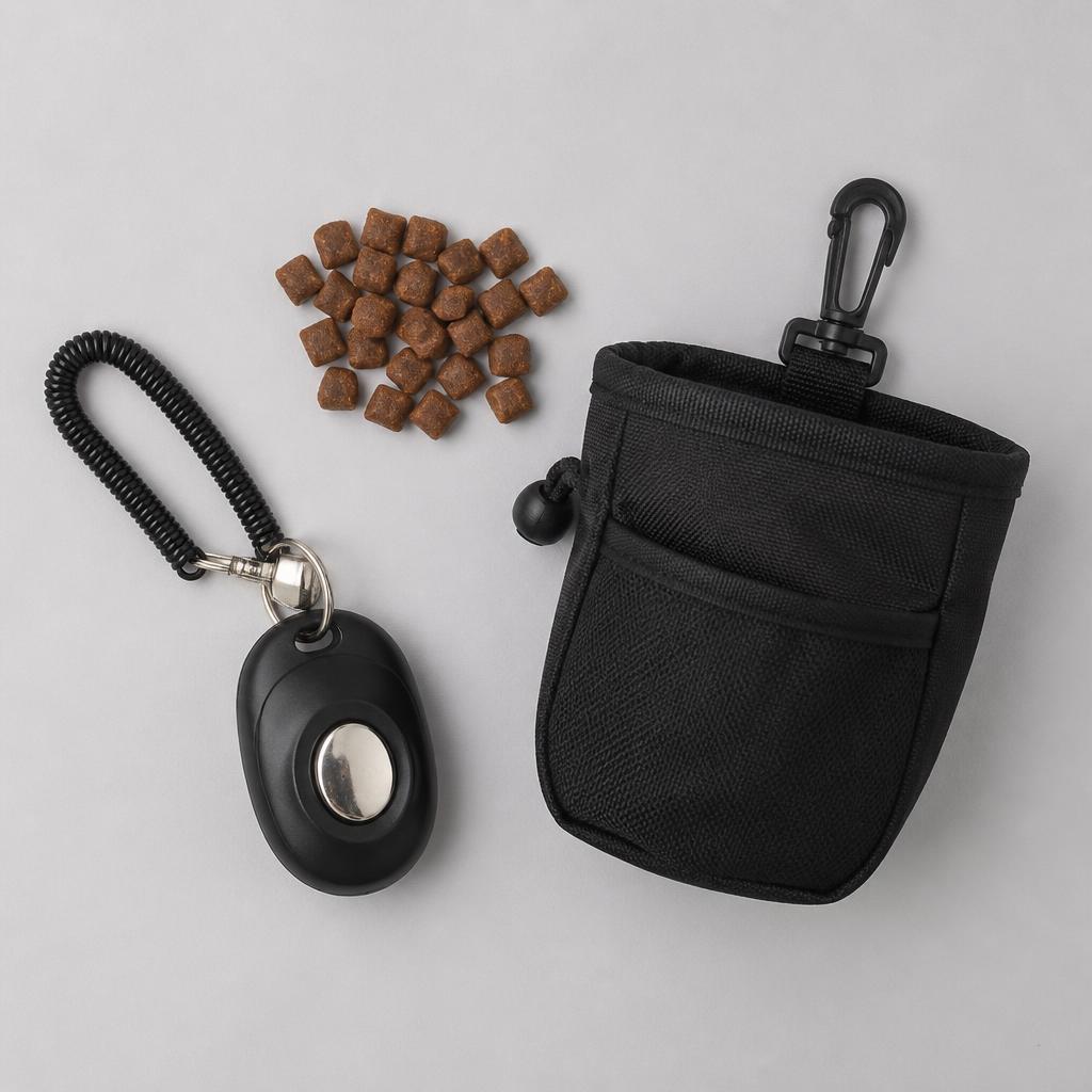 Treats, a clicker and a training pouch used for marker reward training