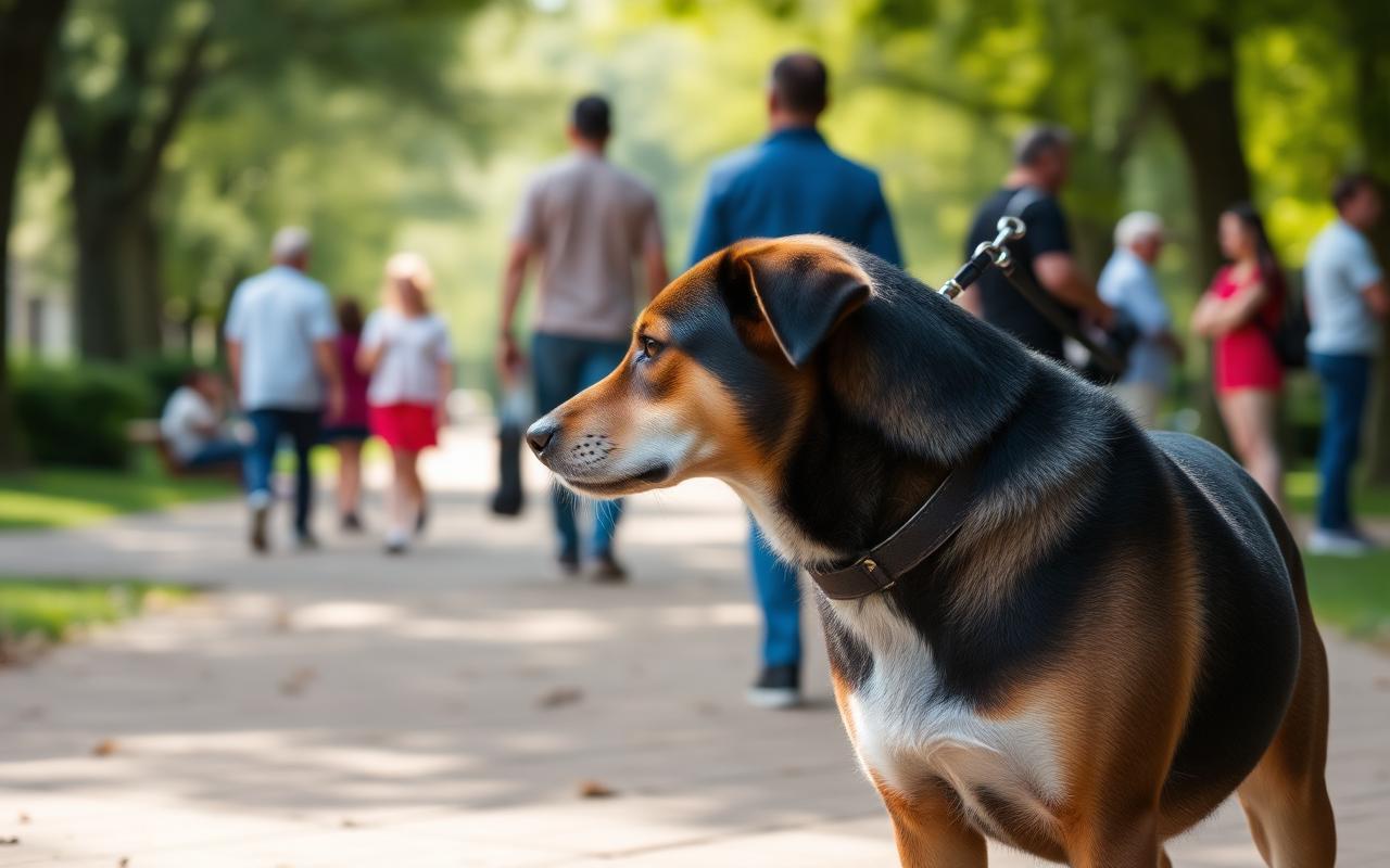 Dog focusing on its handler on a quiet sidewalk while people pass at a distance