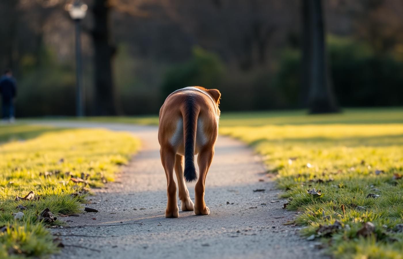 Adult dog sniffing along a park trail on a long line in late afternoon light