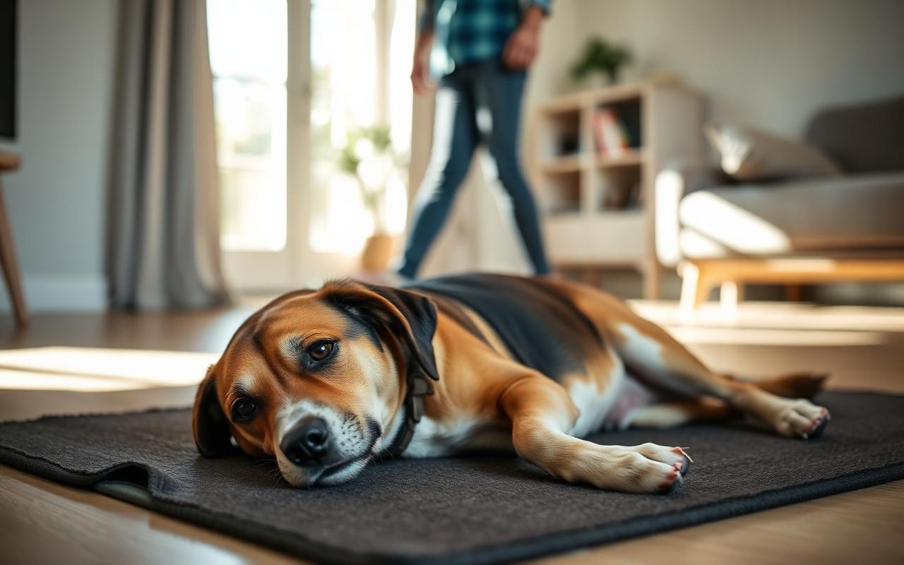Dog holding a down-stay on a mat indoors while a timer runs nearby