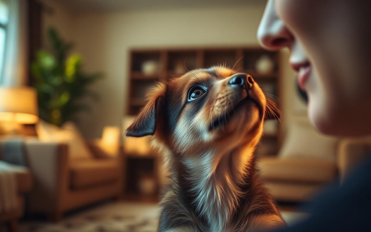 Puppy looking up attentively at its owner in a bright living room