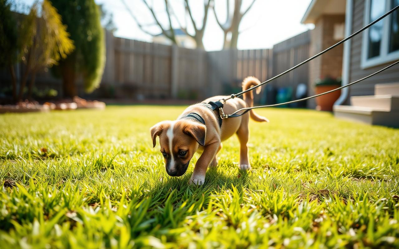 Young puppy sniffing grass on a leash in a clean fenced backyard