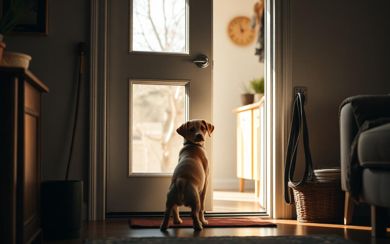 Puppy standing at a glass back door with a leash hanging on a hook nearby