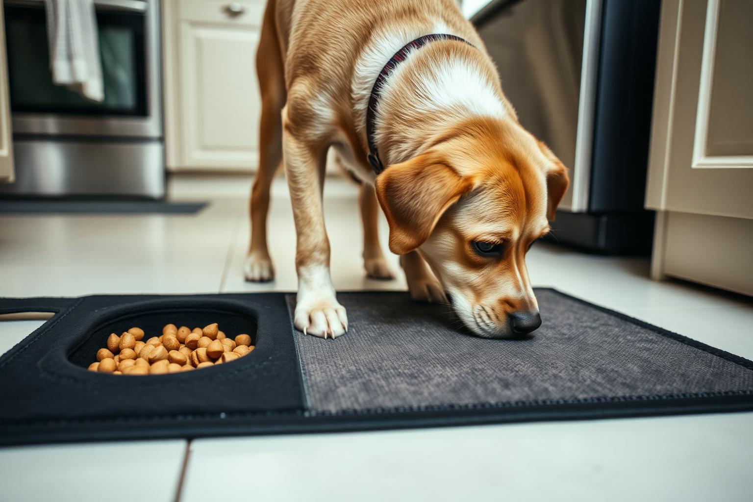 Dog sniffing kibble hidden in a snuffle mat on a kitchen floor