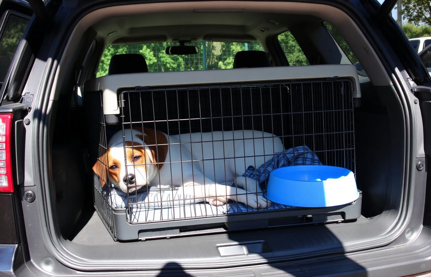 Dog resting in a shaded car crate with a water bowl after an outing