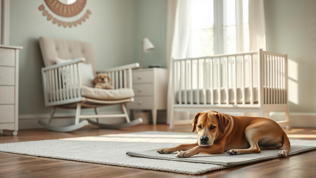 Calm adult dog resting on a bed in a nursery corner beside a crib