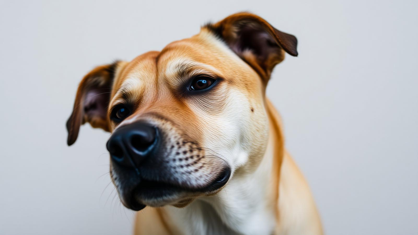 Close-up of a dog's face showing a soft alert expression