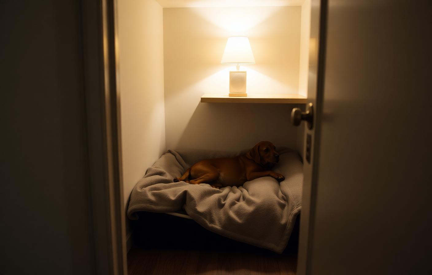 Quiet interior safe space with dog bed, blankets and soft lamp light
