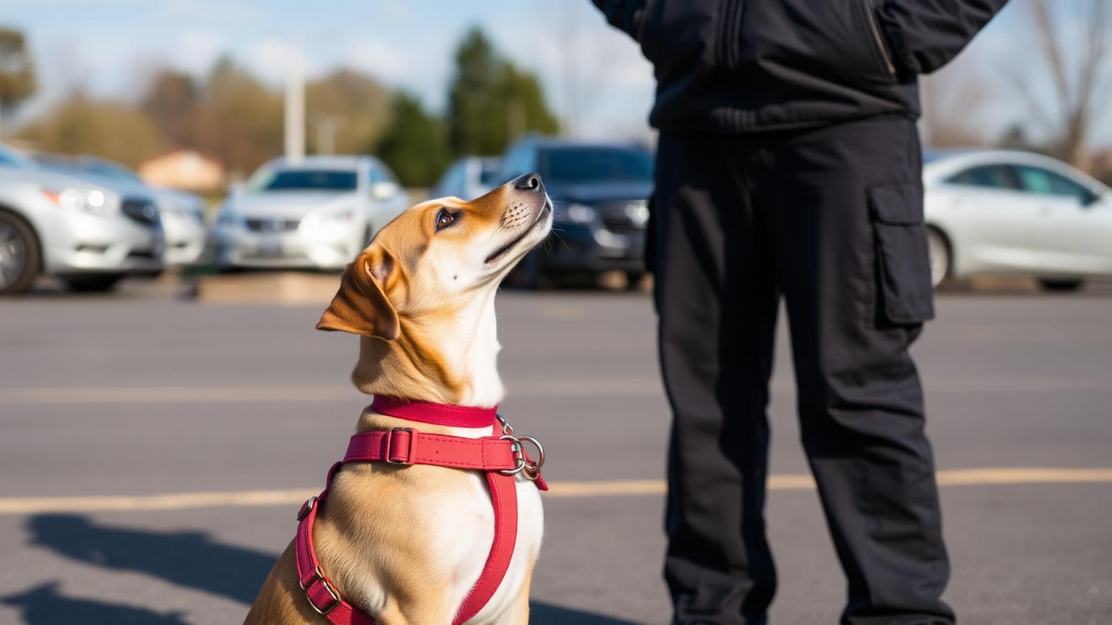 Young dog in a working harness looking up at a handler