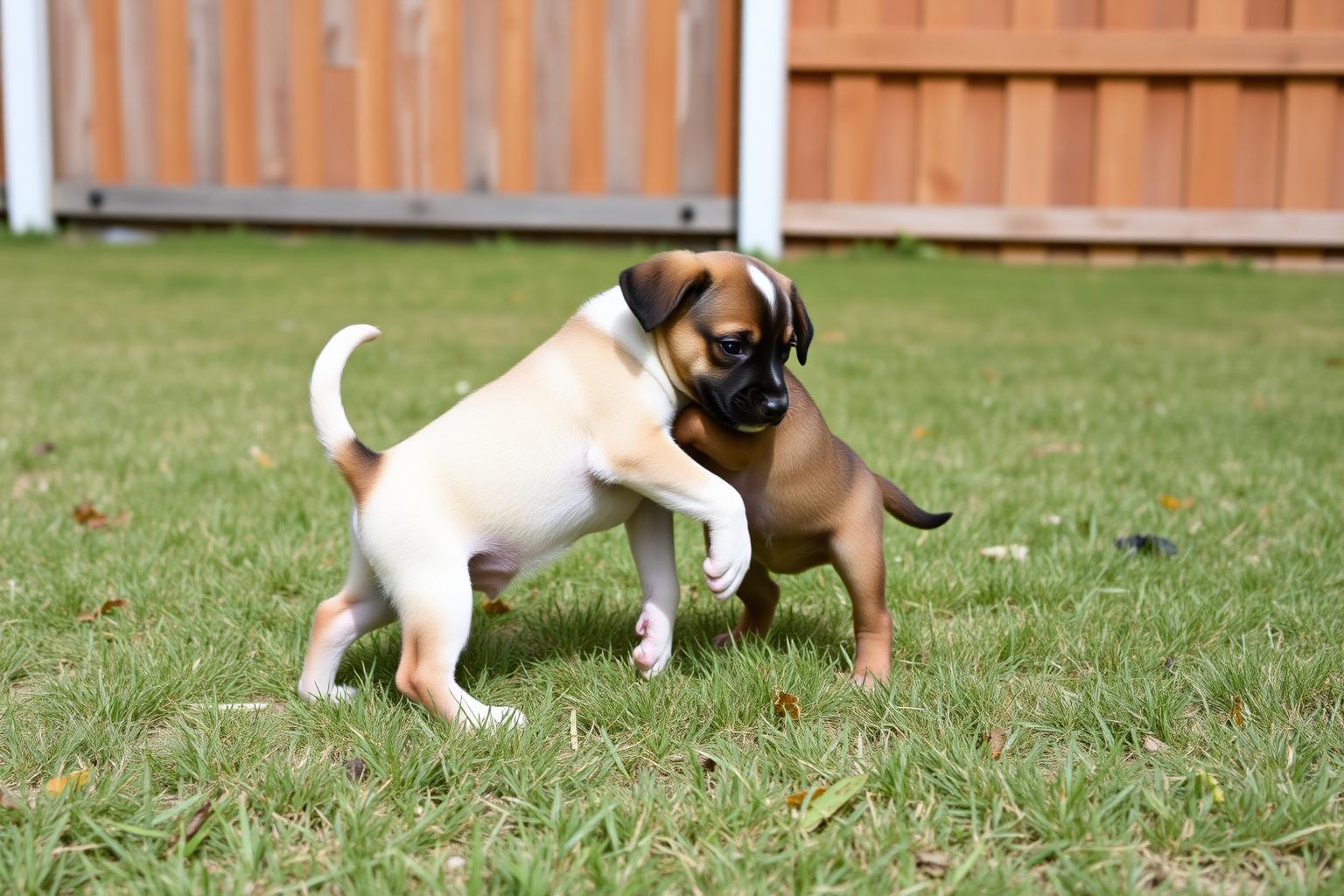 Two young dogs playing in a grassy yard with supervision