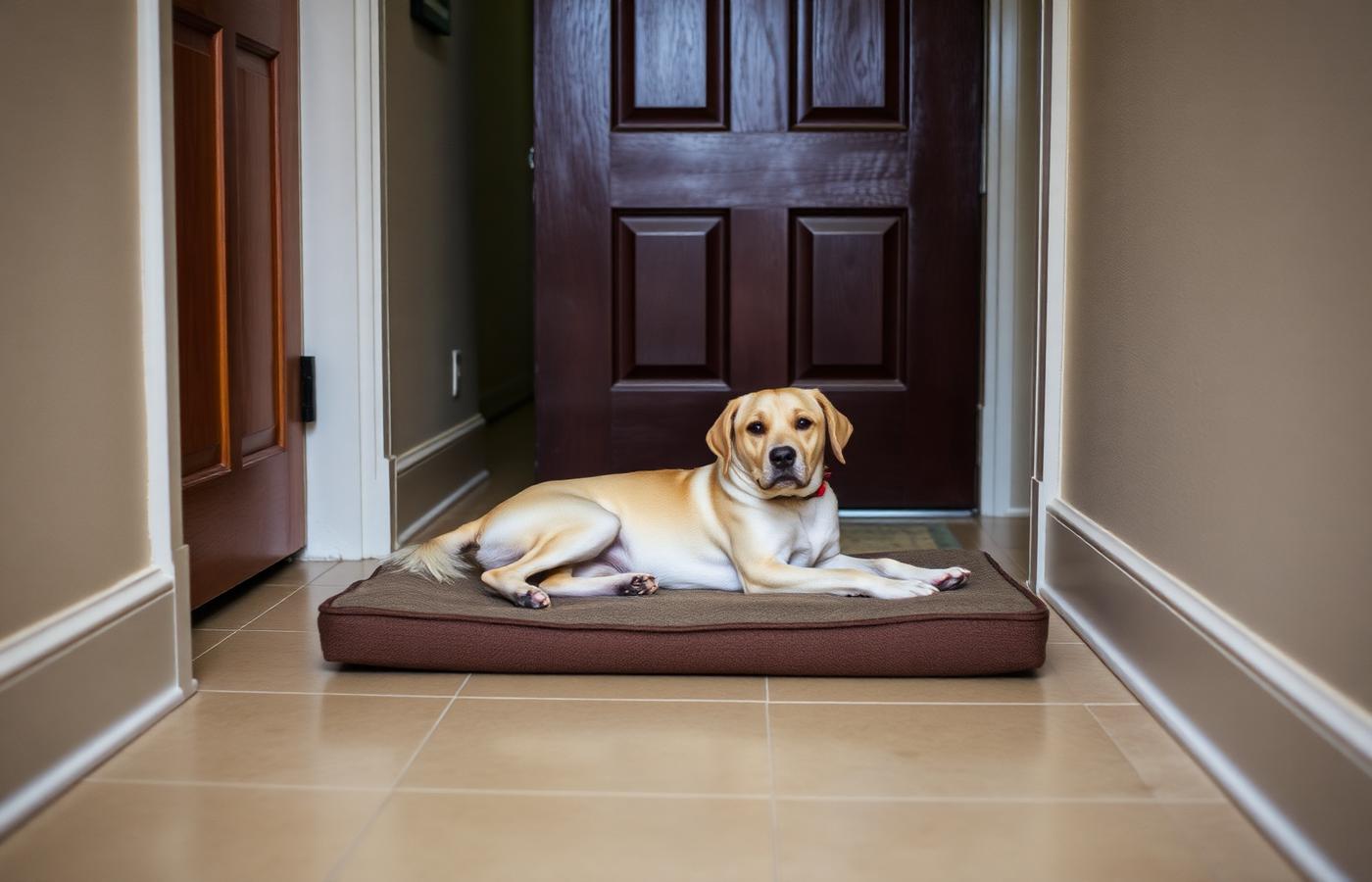 Dog lying calmly on a mat bed a few feet back from a front door in a hallway