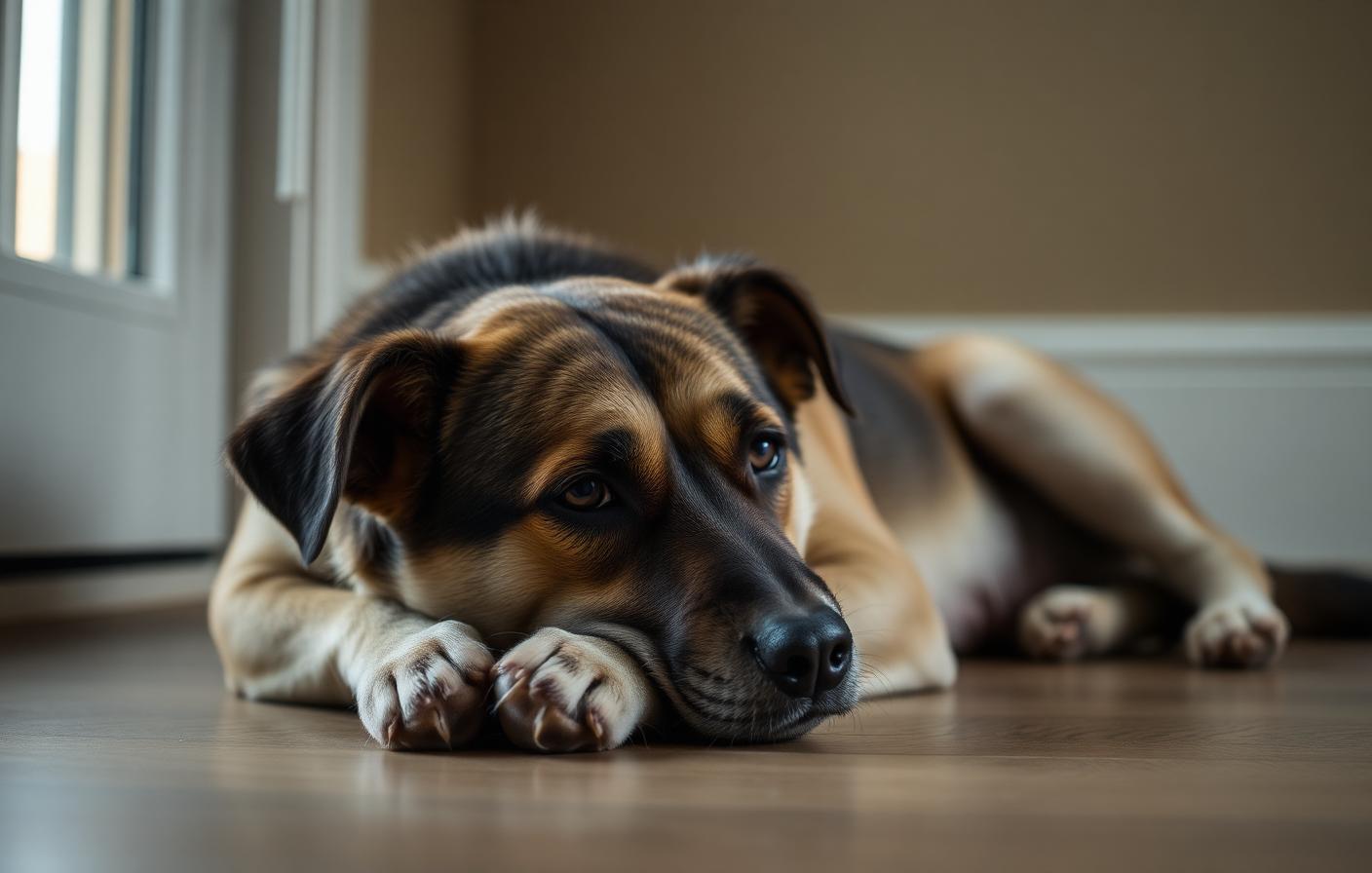 Adult dog resting quietly and looking withdrawn