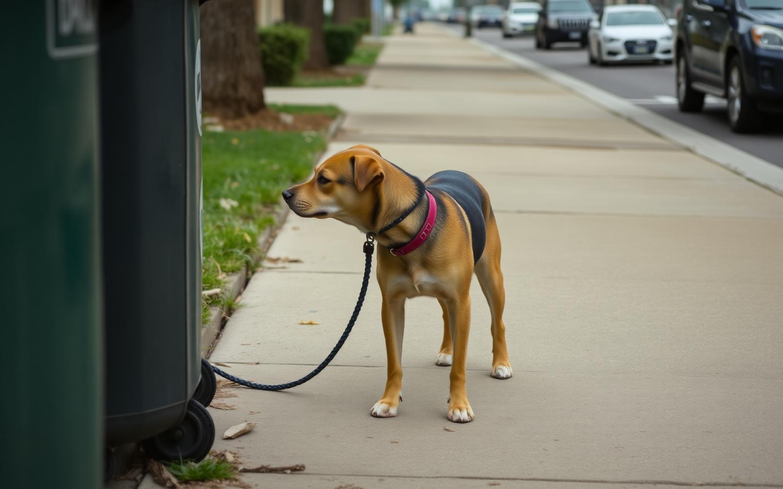 Adolescent dog pausing warily beside a trash can on a sidewalk