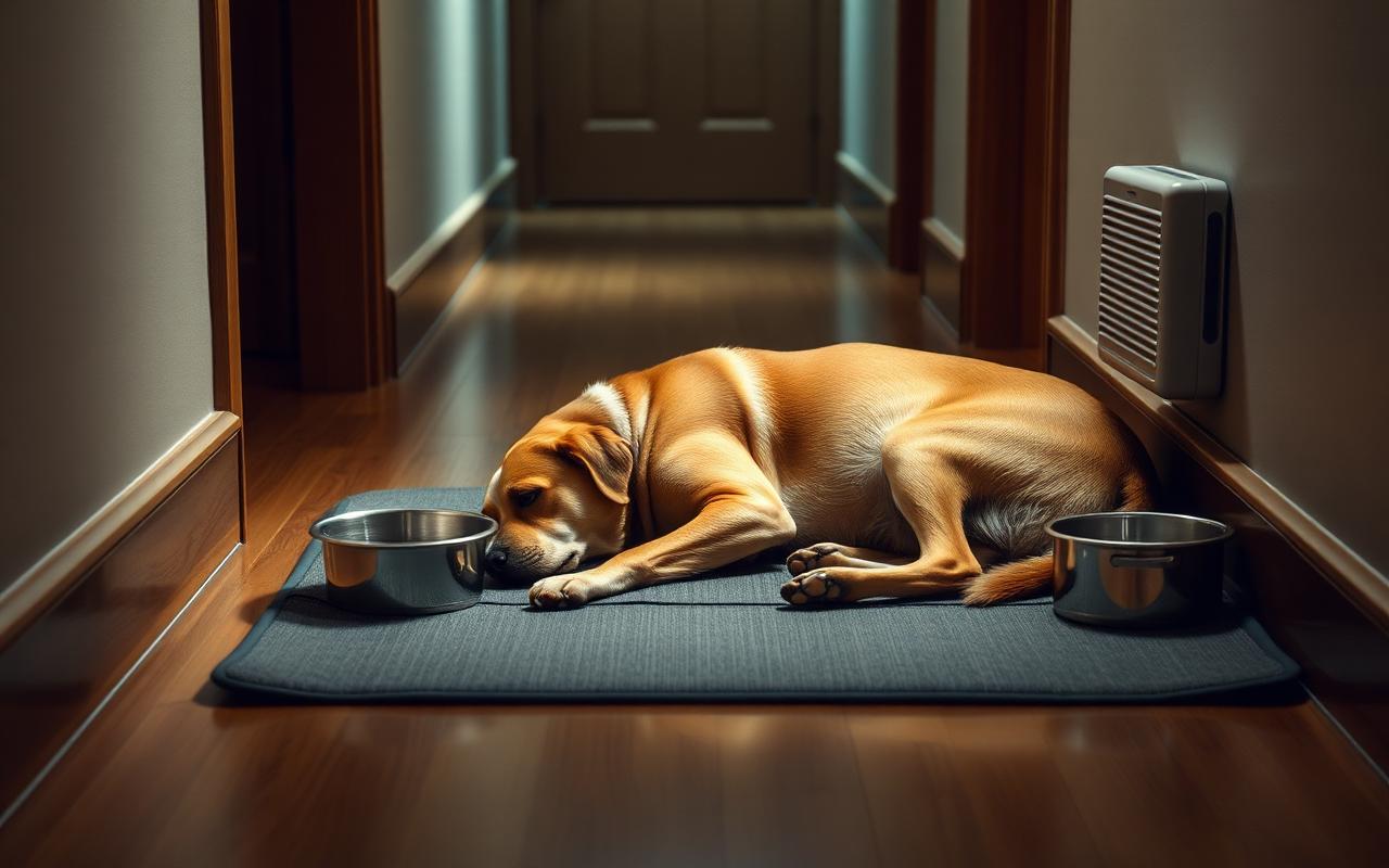 Relaxed dog resting on a mat in a quiet hallway corner beside a water bowl