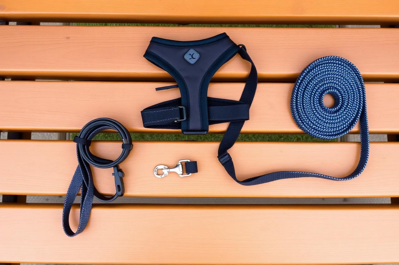 Dog walking equipment laid out on a bench including harness, collar, leash and long line