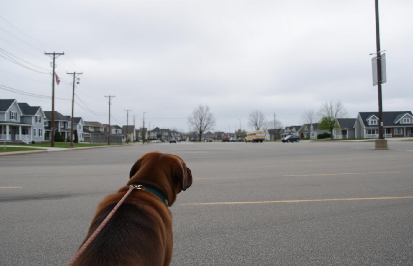 Dog on a long line calmly observing a quiet neighborhood street from across an empty lot
