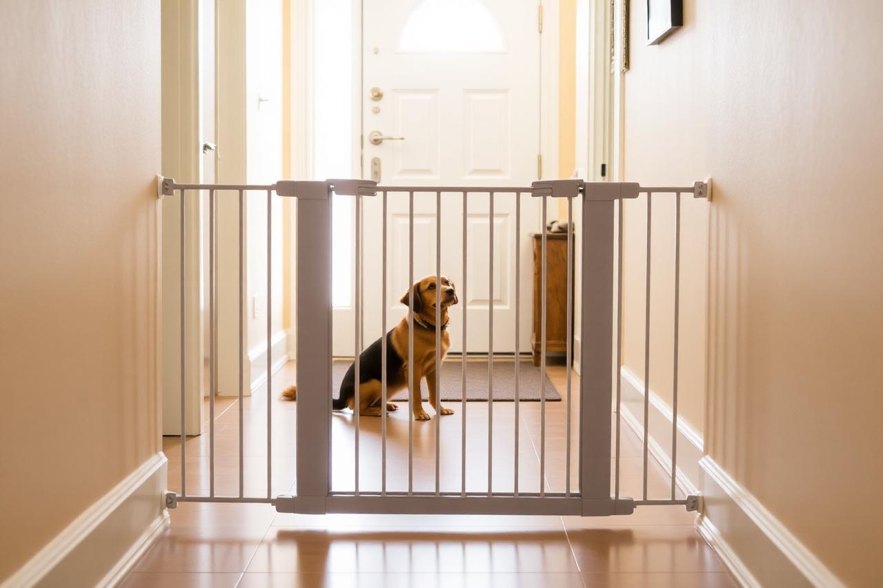 Dog standing behind a baby gate in a hallway watching people enter the front door