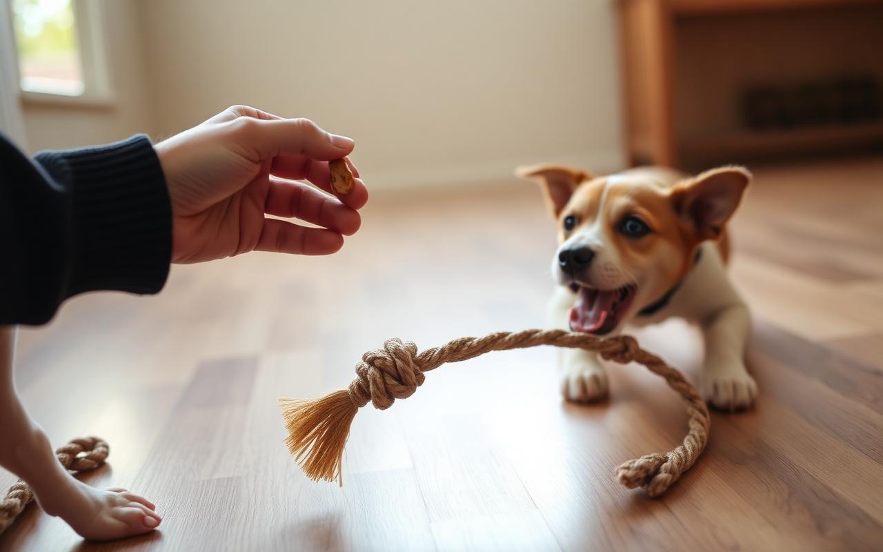 Hand offering a treat while a dog releases a rope toy onto the floor indoors