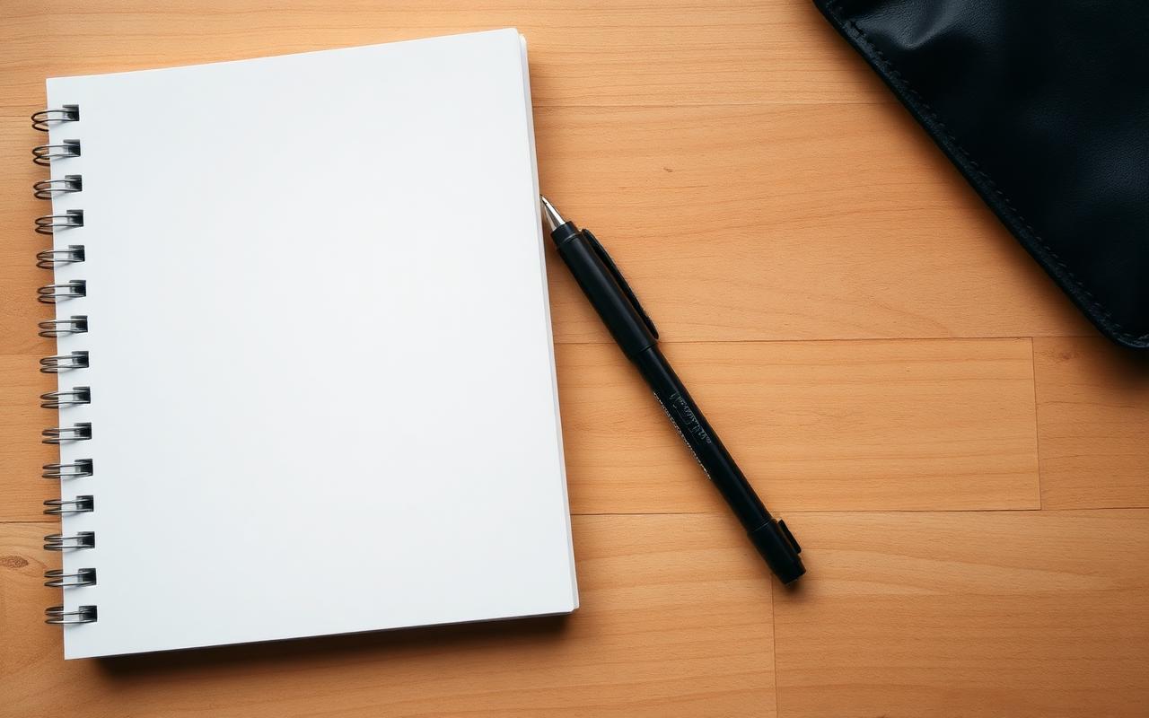 Blank notebook, pen, clicker and treat pouch on a wooden table
