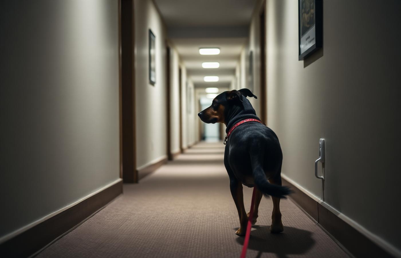 Dog walking on a loose leash along a quiet apartment building hallway