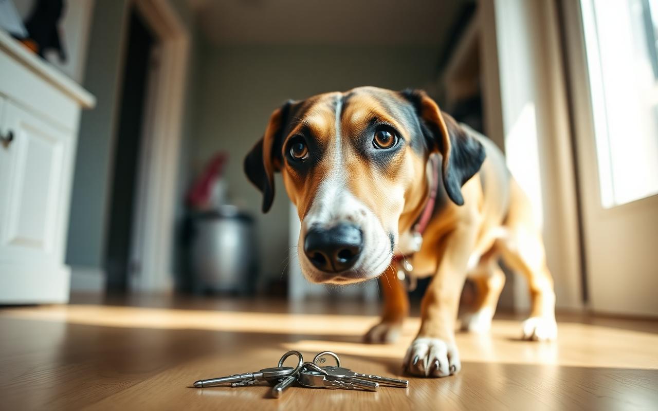 Focused dog picking up a set of keys from the floor and looking upward
