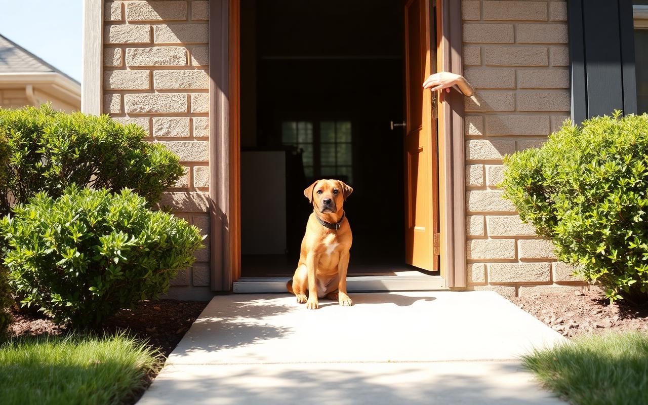Medium-sized dog sitting calmly a few feet back from an open front door